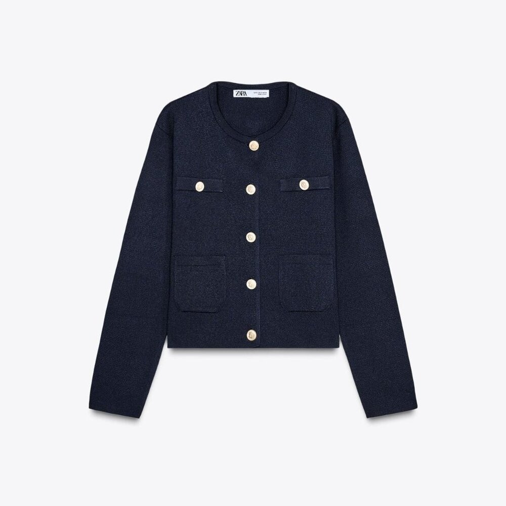 Zara Women's Navy Blue Knit Cardigan Medium with golden button